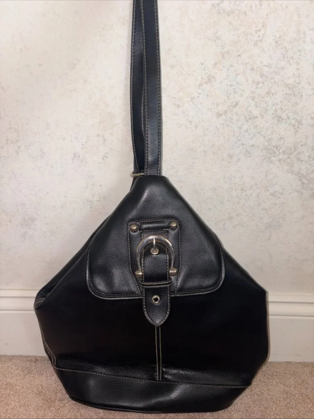 Small Black Duffel Backpack Bag Faux Leather Zip Close 13x13x5 Inches Silver HW